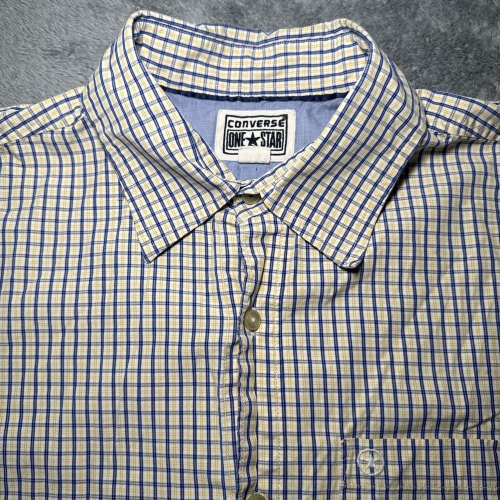 Vintage Converse One Star Buttoned Skater Shirt Blue Yellow Checkered Sz XL
